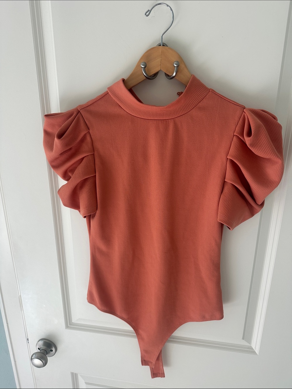 Puff Sleeve Ribbed Bodysuit in Coral